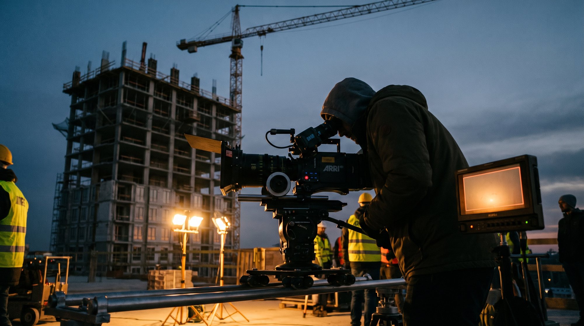 Cinema camera on a slider at dusk construction site