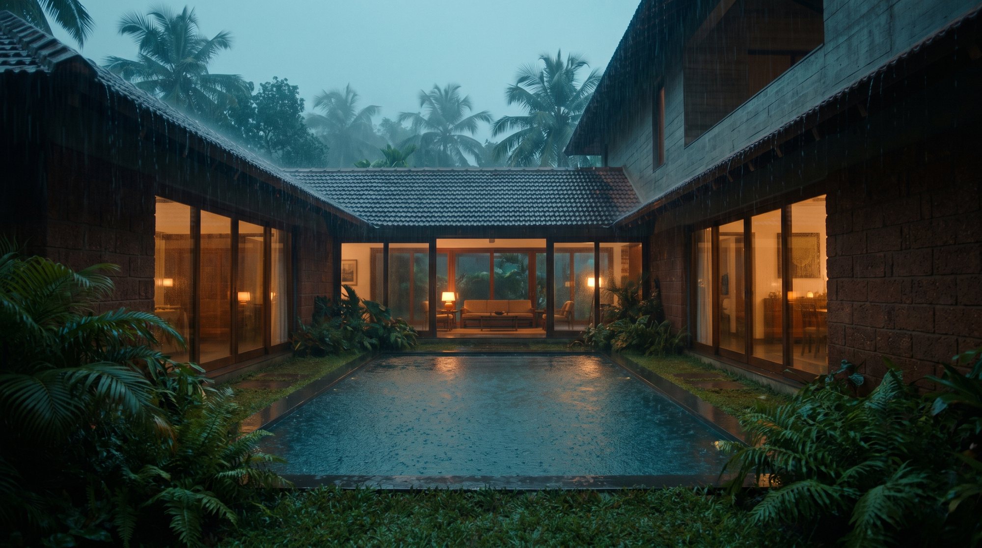 Monsoon House exterior in heavy rain
